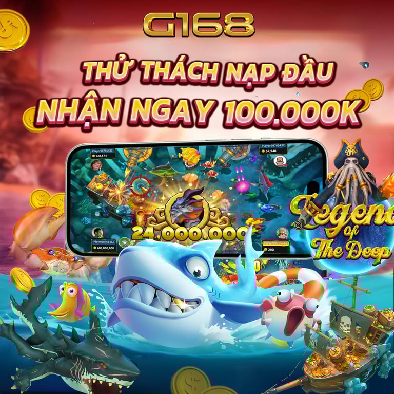 Game bắn cá tại G168 với giao diện đại dương, sinh vật biển đa dạng và hiệu ứng trò chơi trực quan