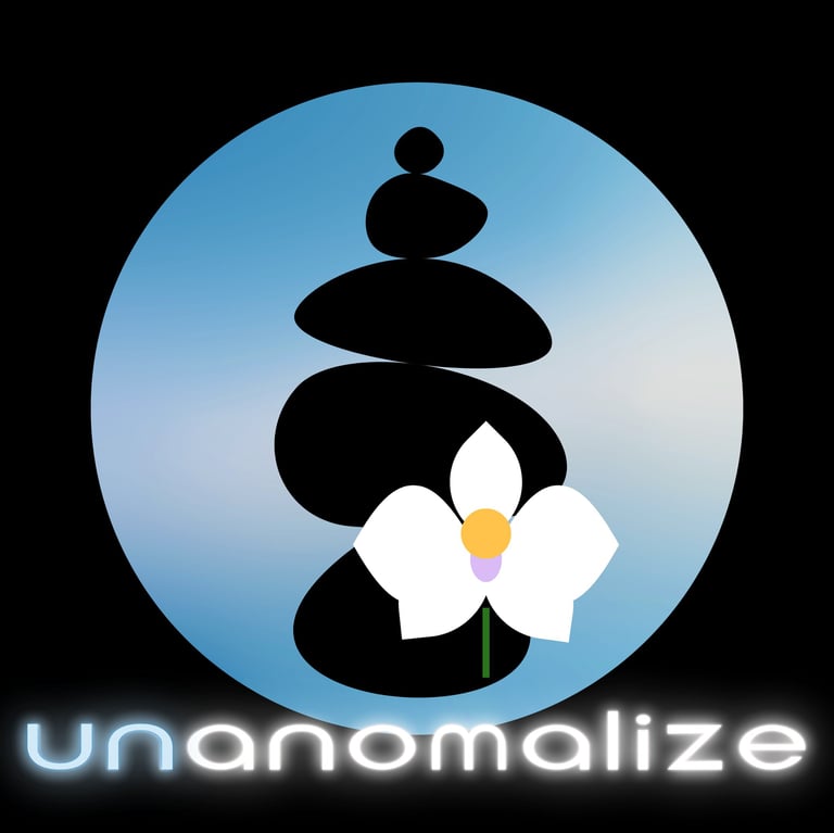 Brand art of unanomalize, full black square, big skyblue circle, name in white & skyblue neon, a black cairn, a white orchid