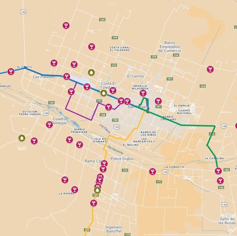 Mapa con la ubicacion de todas las bodegas de San Rafael