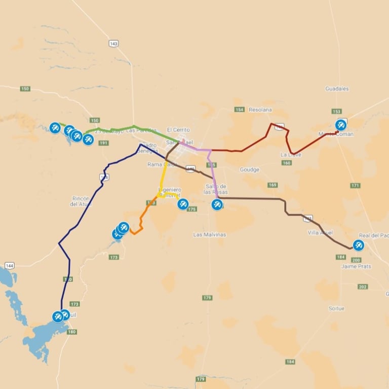 Mapa con la ubicación de playas y balnearios de San Rafael