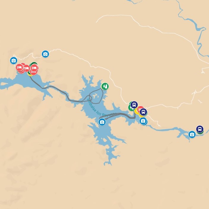 Mapa completo de Los Reyunos, con atractivos, hoteles, actividades y paradas de colectivo
