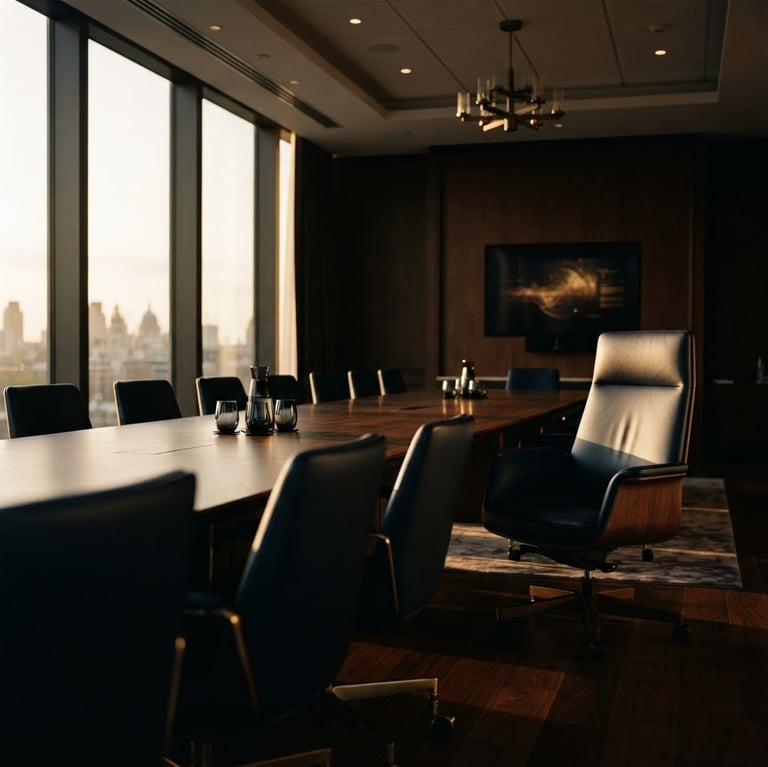 Wide cinematic shot of an empty, high-stakes boardroom at golden hour, dramatic low-key window light, deep navy and warm gold tones, shallow depth of field, off-center composition with a single executive chair in the right third, a subtle abstract screen graphic on a monitor in the background, conveying institutional trust and absolute discretion.