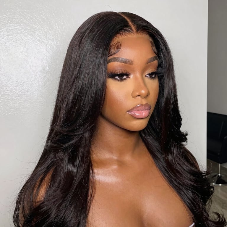 Elegant flat lay of Joora luxury wig packaging with soft nude and gold accents.