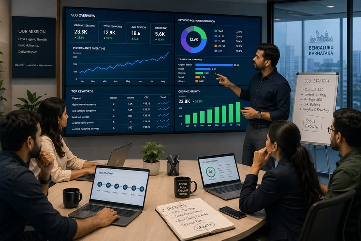 A professional team in a Bengaluru office reviewing an SEO performance dashboard and digital marketing strategy.