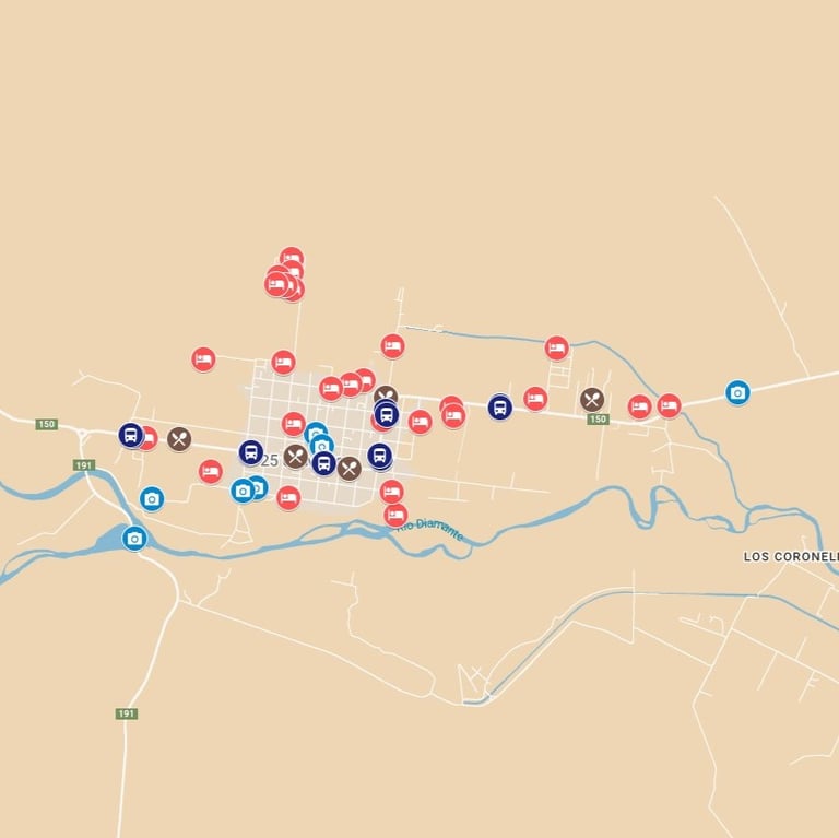Mapa completo de Villa 25 de Mayo, con atractivos, hoteles, actividades y paradas de colectivo
