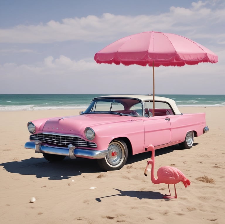 Pink cadillac with an unbrella on a beach