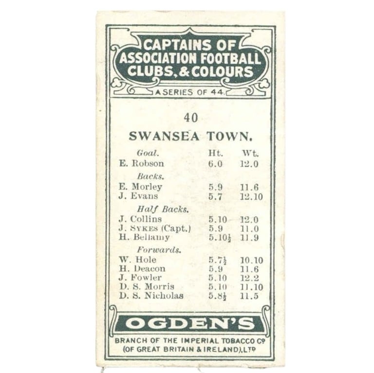 Vintage Ogden's tobacco card featuring the Swansea Town football team player roster and heights.