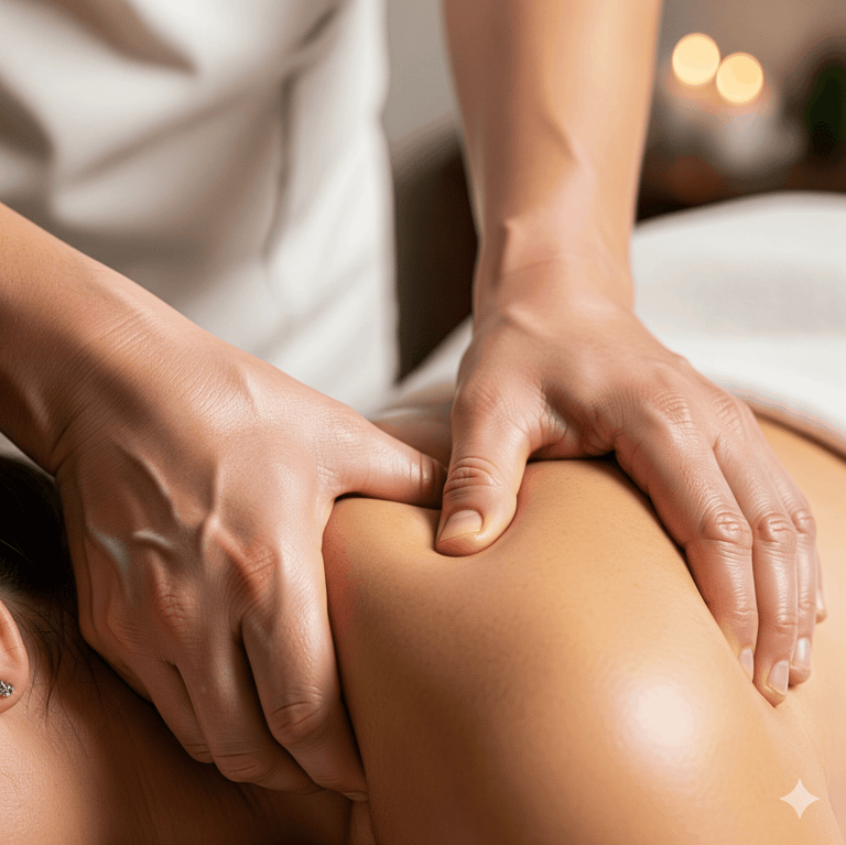 Therapist applying firm deep tissue massage pressure on shoulder muscles