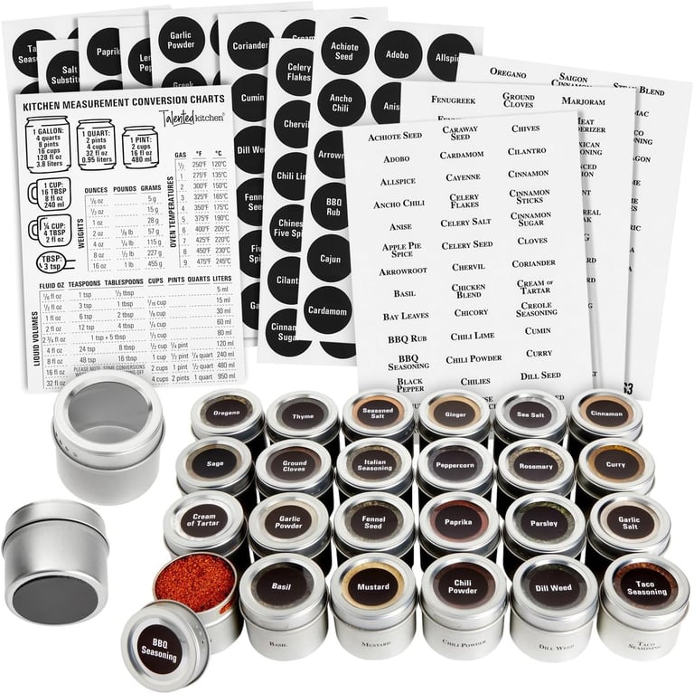 Talented Kitchen 24-pack magnetic spice jars for refrigerator with strong magnets and labels