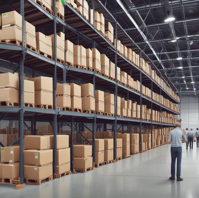 A long warehouse aisle is lined with tall metal shelves filled with large, stacked boxes and pallets. The space is dimly lit, creating a tunnel effect down the aisle with visible symmetry and perspective extending into the distance.