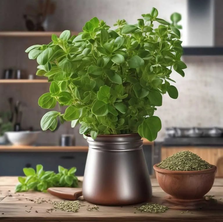 Un pot d'origan frais, posé sur une table en bois dans une cuisine moderne.