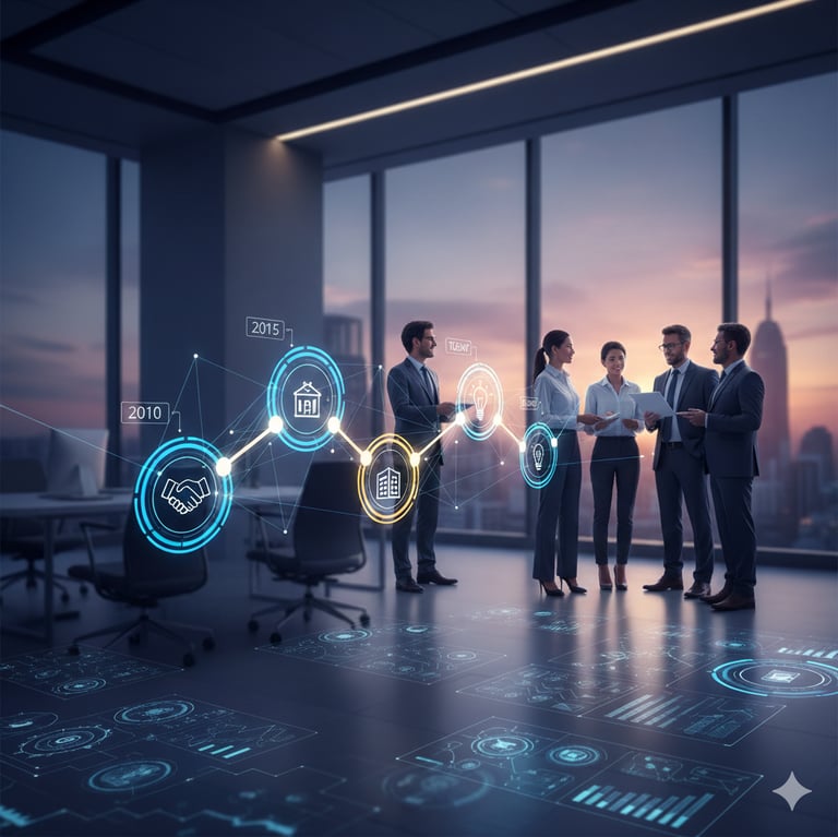 Linha do tempo digital da empresa com marcos de 2010 a hoje. Executivos discutindo o futuro.