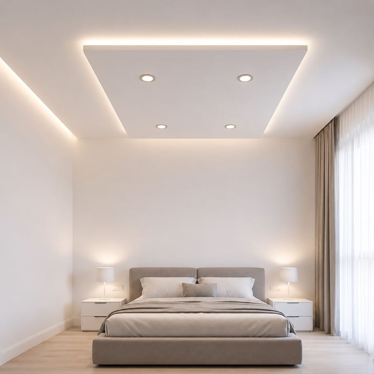 Premium gypsum ceiling with hidden LED lighting for a stylish and elegant interior. Perfect for bedr