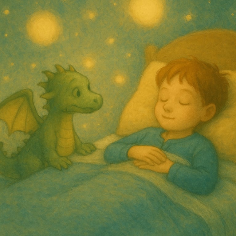 Petit garçon endormi souriant, un dragon veille sur lui sous un ciel étoilé rassurant.
