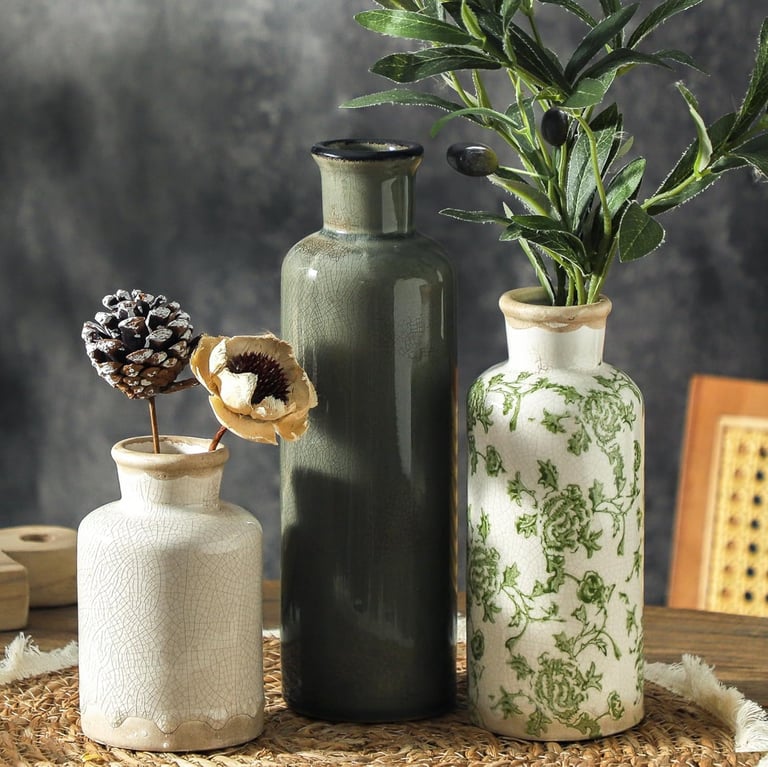  Vintage Vase Set of 3, Ceramic Vintage Flower Vases, Chinoiserie Decorative Home Decor Retro Floral