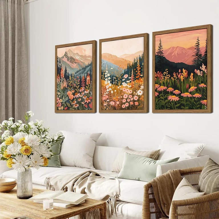 Boho Colorful Landscape wall art Wildflower Mountain Wall Decor Vintage Floral Forest Paintings Rust