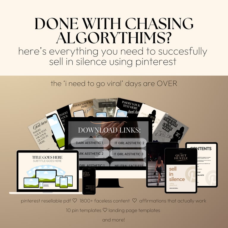 Digital marketing toolkit with Pinterest templates and faceless aesthetic content displayed on devices.