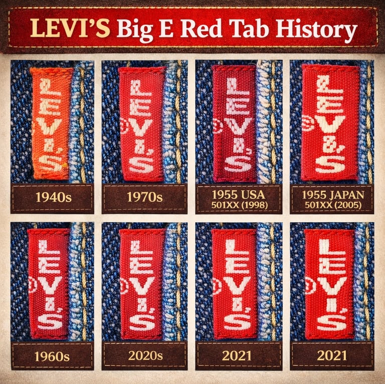 Comparison chart of vintage Levi's Big E red tab logos on denim jeans from the 1940s to 2021.