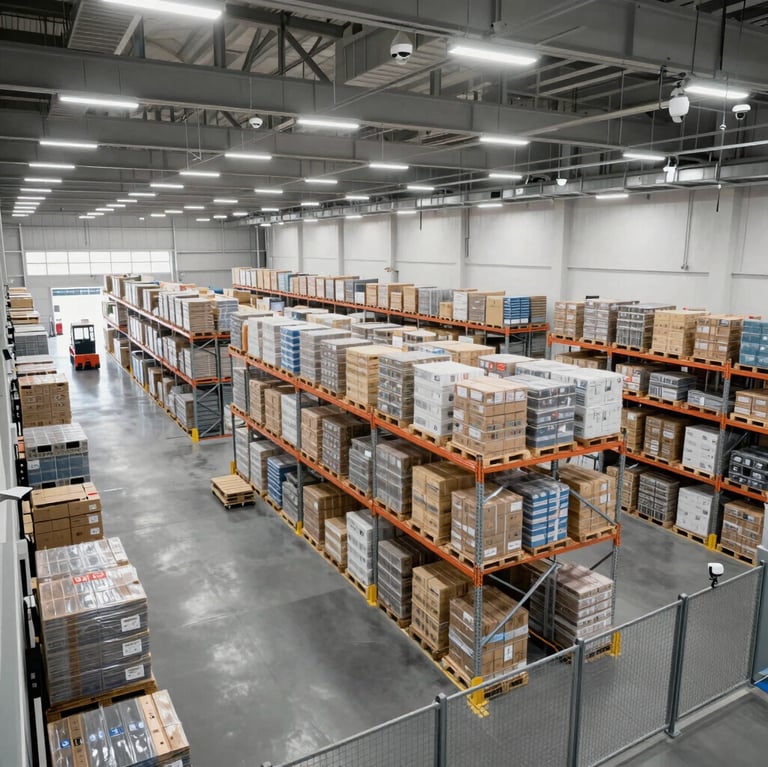 Spacious warehouse interior with organized shelves and pallets ready for distribution.