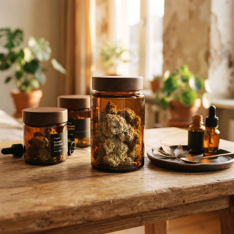 Warm editorial photograph of elegant amber glass jars containing cannabis flower, arranged artfully on a minimalist wooden surface, soft golden-hour window light, rich earthy tones, shallow depth of field, 35mm, portrait orientation.