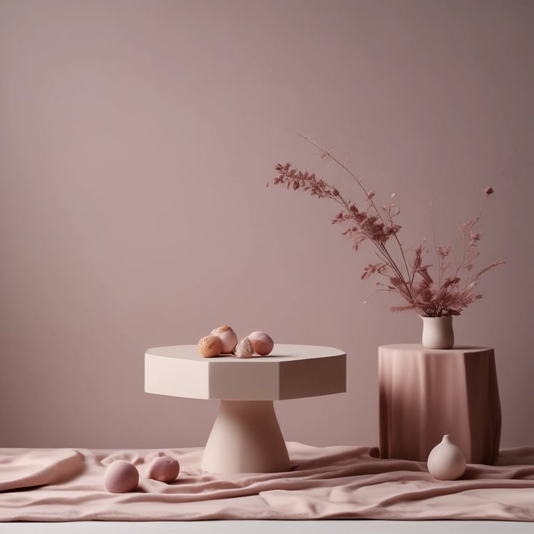 Softly lit flat lay of artistic digital product thumbnails on a white background accented with touches of muted plum and light gray.