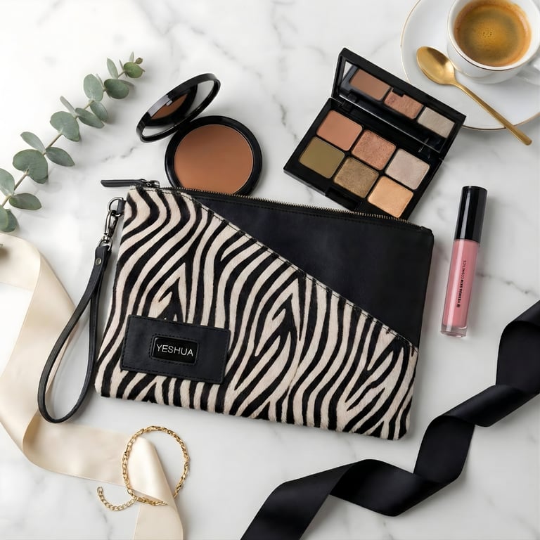 Zebra print makeup bag with eyeshadow palette and cosmetics on a white marble surface.