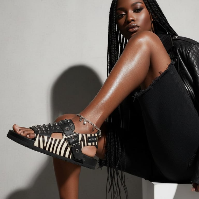 Black woman wearing studded zebra print sandals and a silver anklet for edgy summer fashion.