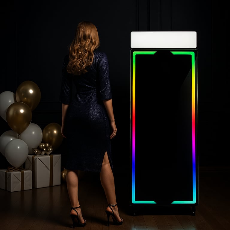 Die Frau steht vor der Spiegel Fotobox neben Geschenken und Lufballons