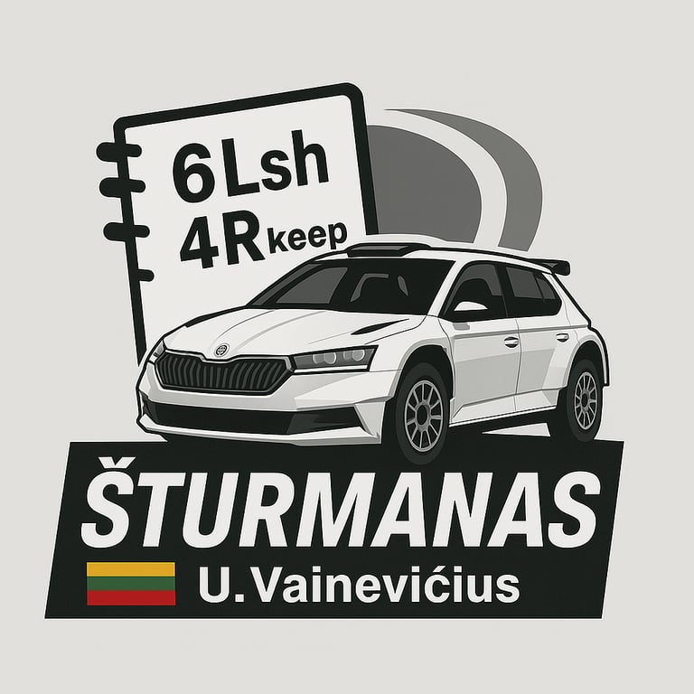 logo of the company - a rally car with a rally pacenote book and below a word Šturmanas and surname