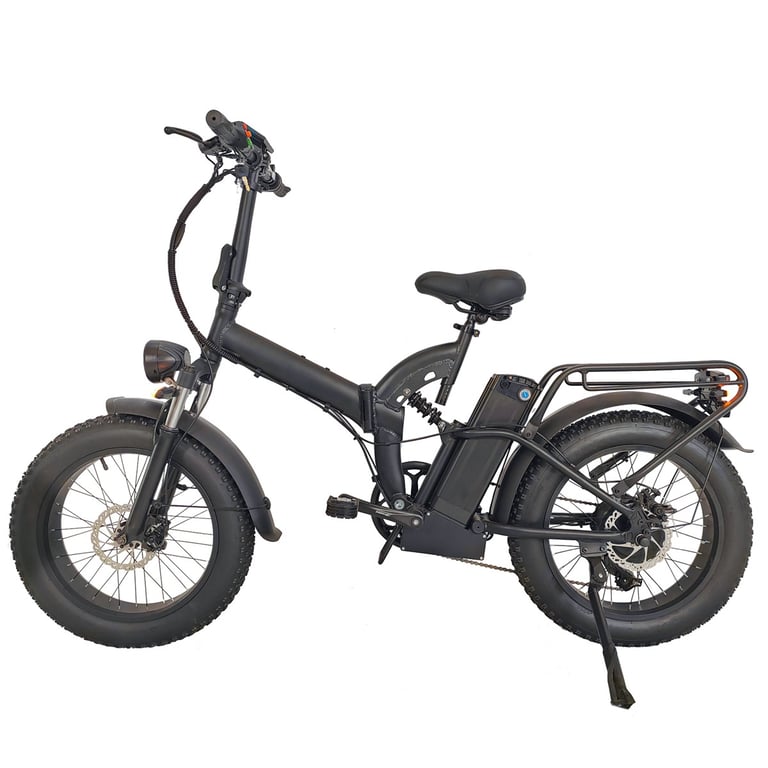 a black and white electric bike with a black seat