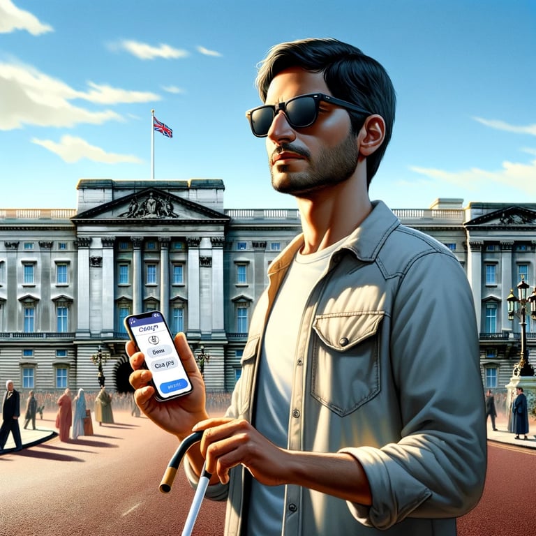 una imagen de un chico ciego usando su smartphone como audioguía