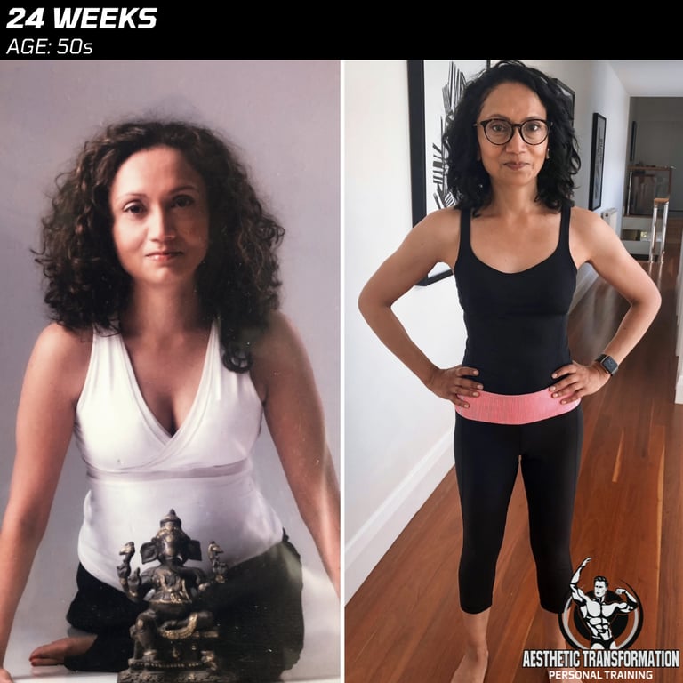 Repa's front view before and after her online fitness transformation with Aesthetic Transformation.