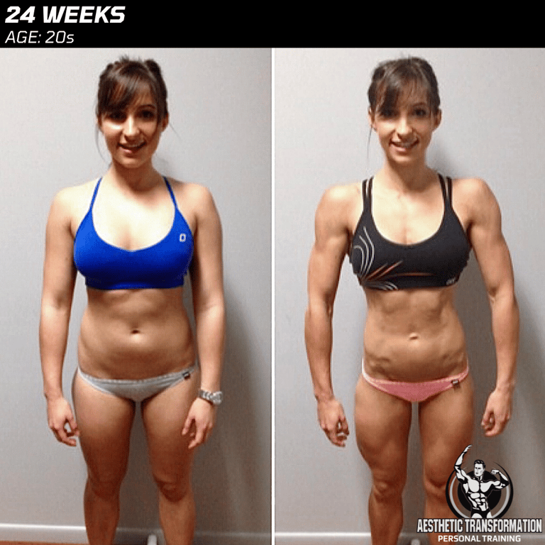 Sammy's front view before and after online fitness transformation.