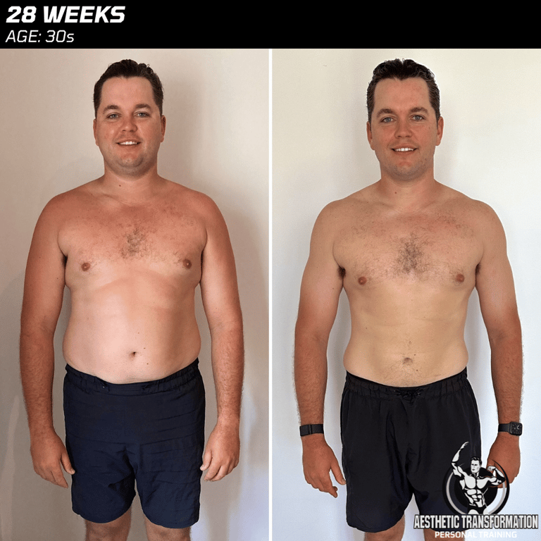 Beau's front view before and after online fitness transformation.