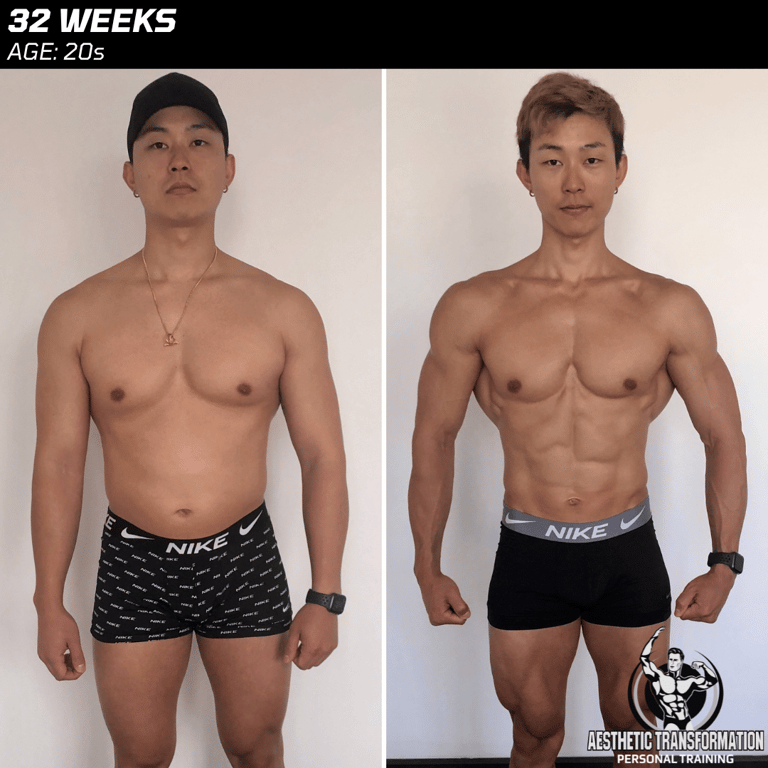 Sho's front view before and after online fitness transformation.