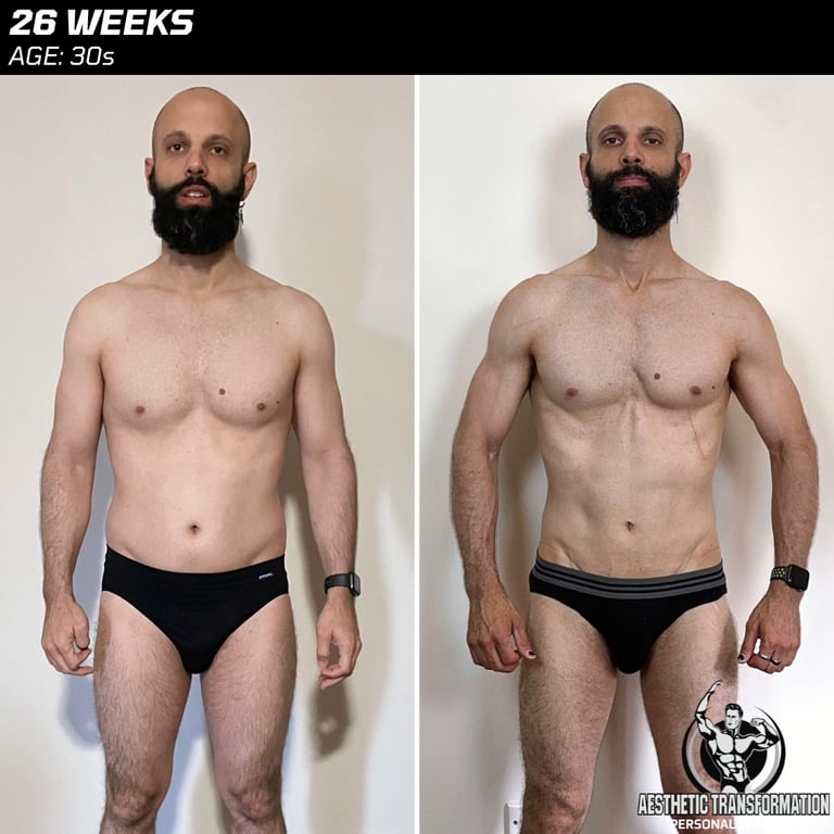 Marco's front view before and after online fitness transformation.