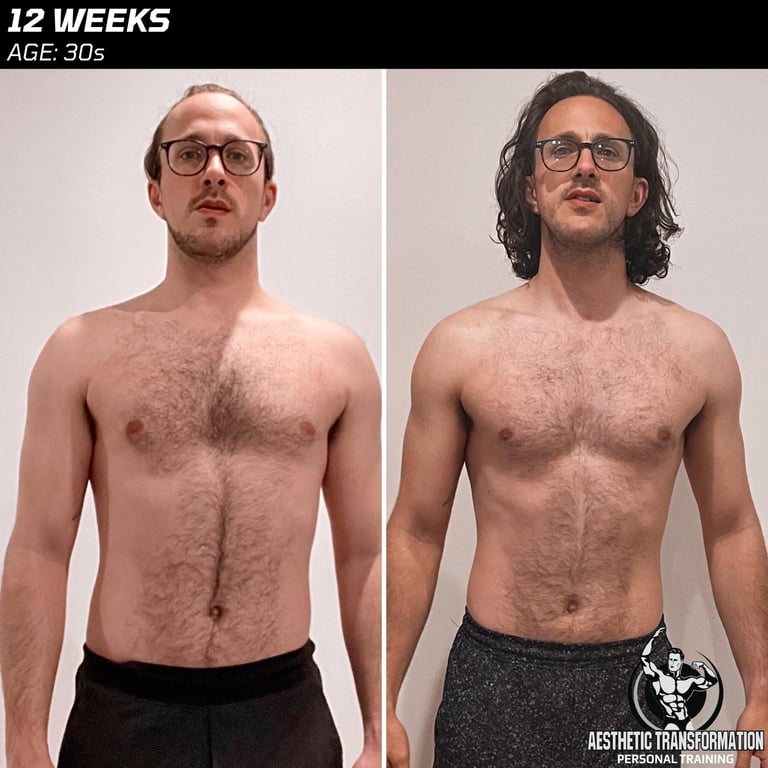 Stef's front view before and after their online fitness transformation, achieved with personalised c