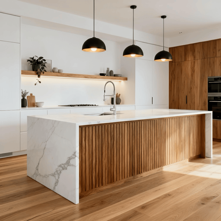 Cocina moderna a medida con isla en acabado mármol blanco