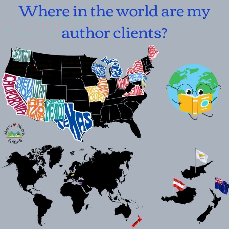 "Where in the world are my author clients" shows a US map and a world map