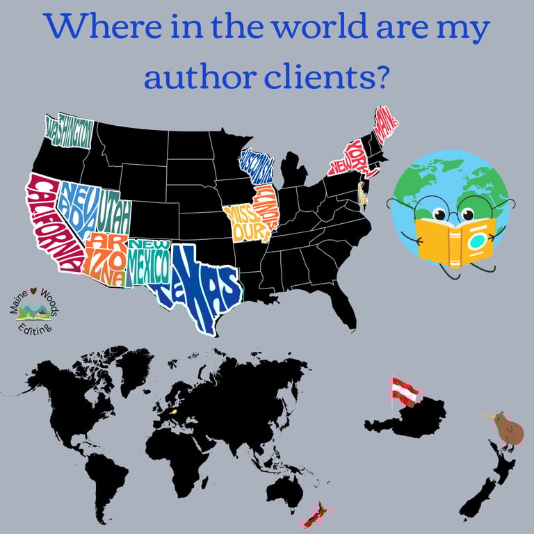 Map of US and World showing where my author clients are