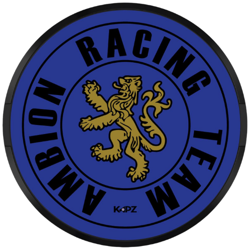 The logo for Ambion Racing Team. A gold lion on a blue background.