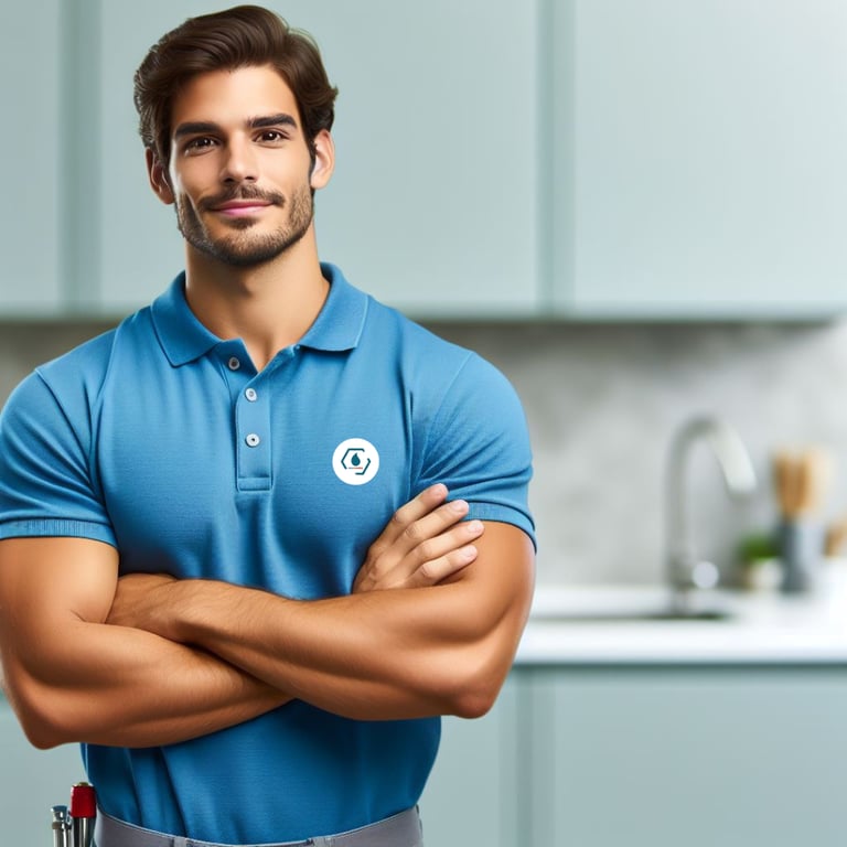 Image qui illustre un artisan plombier près d'un évier arborant sur son polo le logo Hexa Plomberie