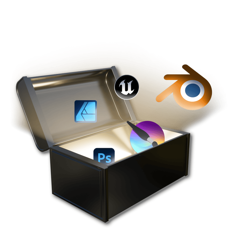Eine künstlerische Darstellung eines digitalen Werkzeugkoffers. Enthält Icons von Kreativprogrammen