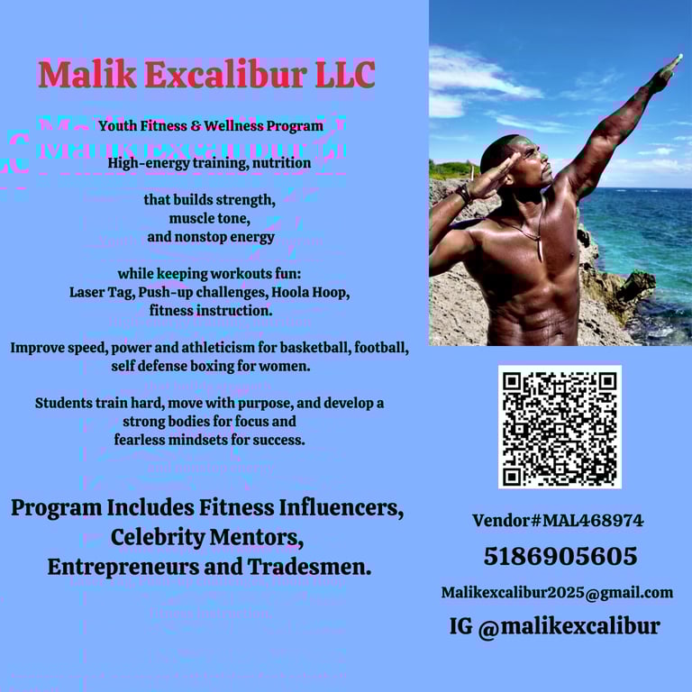 Malik Excalibur LLC youth fitness and wellness program flyer featuring a trainer by the ocean and program details.