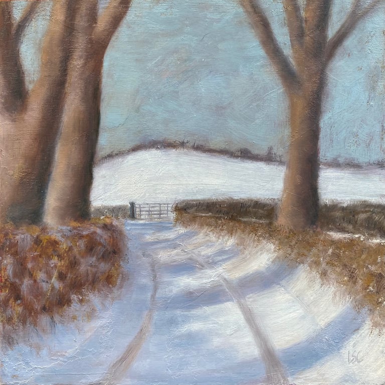 Original oil painting of a sunlit snowy lane with distant gate & hill