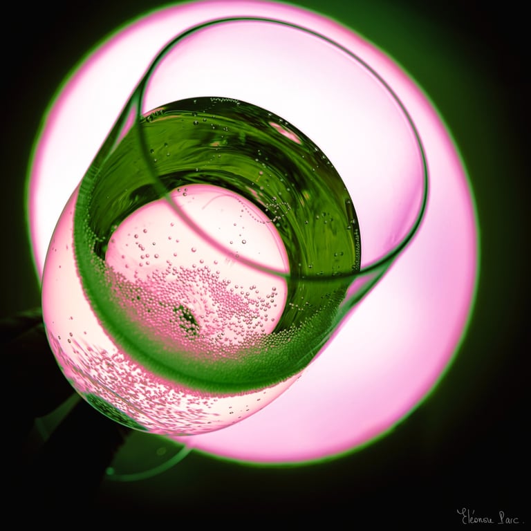Abstraction Vinicole – Verre incliné, liquide vert et bulles rosées sur fond magenta
