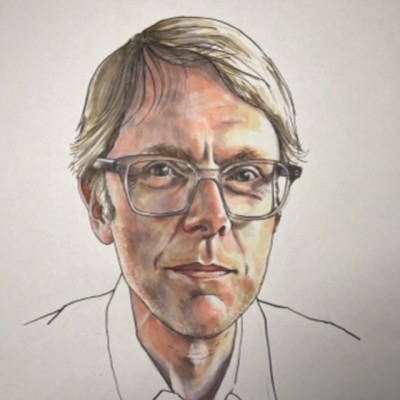 a sketched portrait of a man with glasses in a white button up shirt