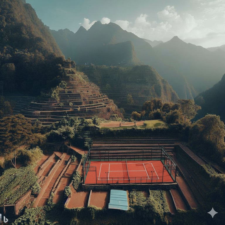 Imagen que resalta la armonía de nuestras canchas de padel con la naturaleza e inspiradas en la cultura incaica milenaria