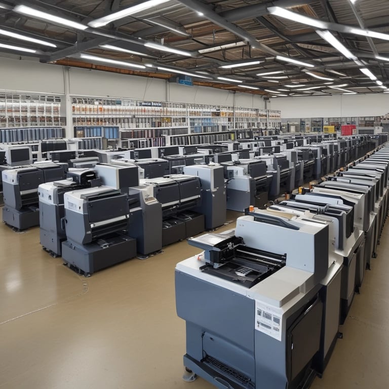 a large room with many different types of printers