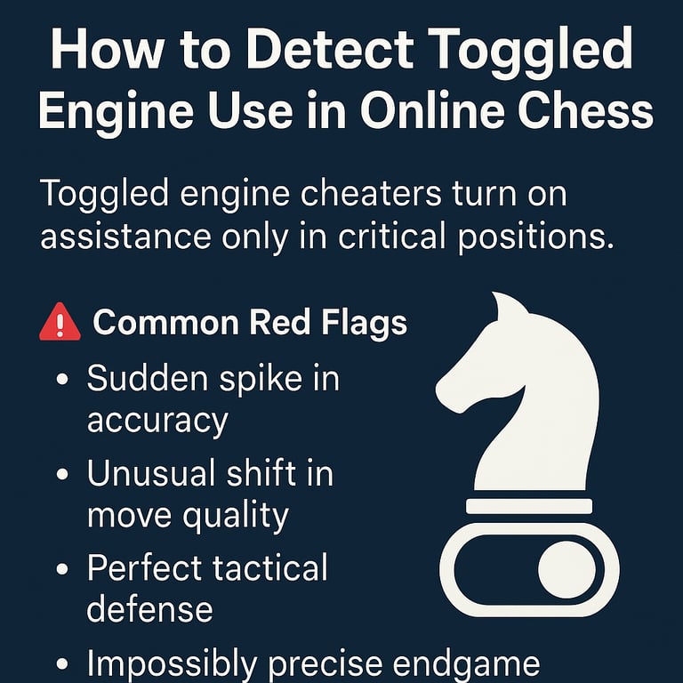 Informational graphic showing how to detect toggled engine use in online chess with warning signs.